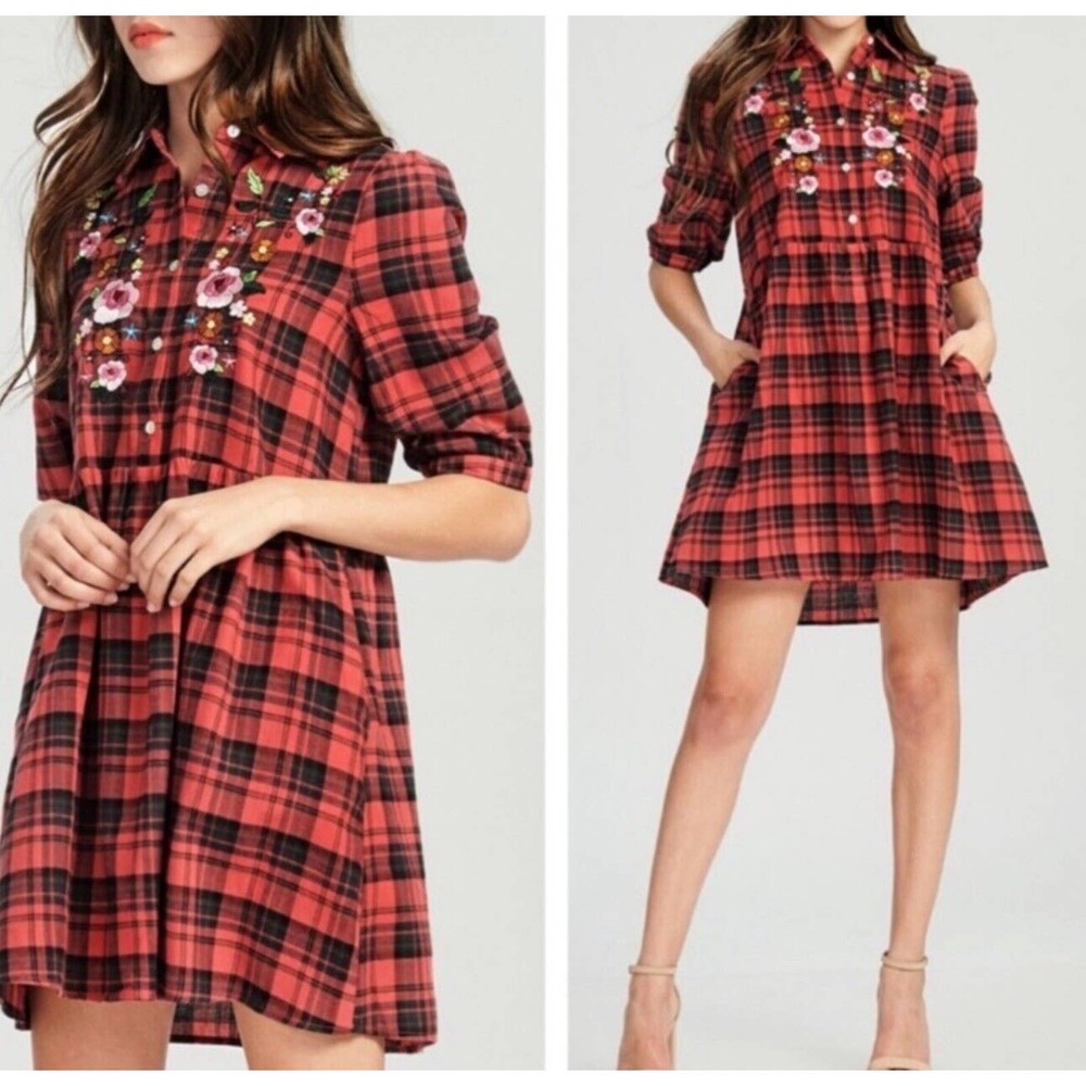 NEW Oddi Kira Red Black Buffalo Plaid Flannel Embroidered Shirt Dress Pockets S